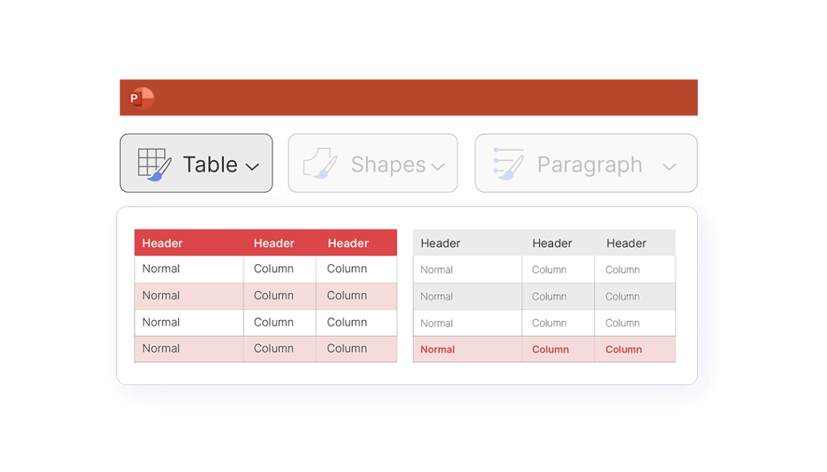 Une image montrant les fonctions de formatage de UpSlide's PowerPoint , en particulier les styles de tableau.