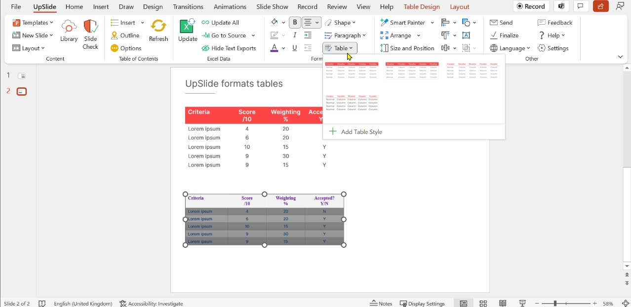 Une image montrant comment accéder à vos styles de tableau PowerPoint Fonction de mise en forme à partir de l’onglet UpSlide ruban