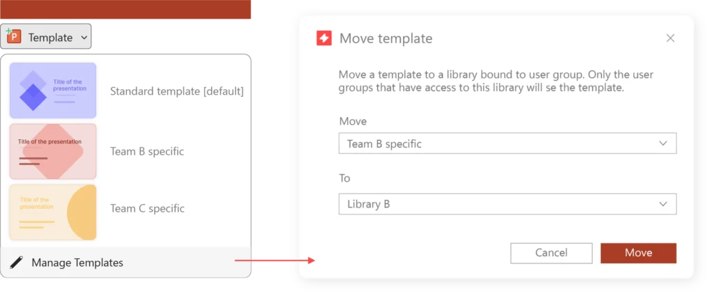 A picture showing updates to UpSlide's Templates feature, demonstrating how to assign templates to user groups