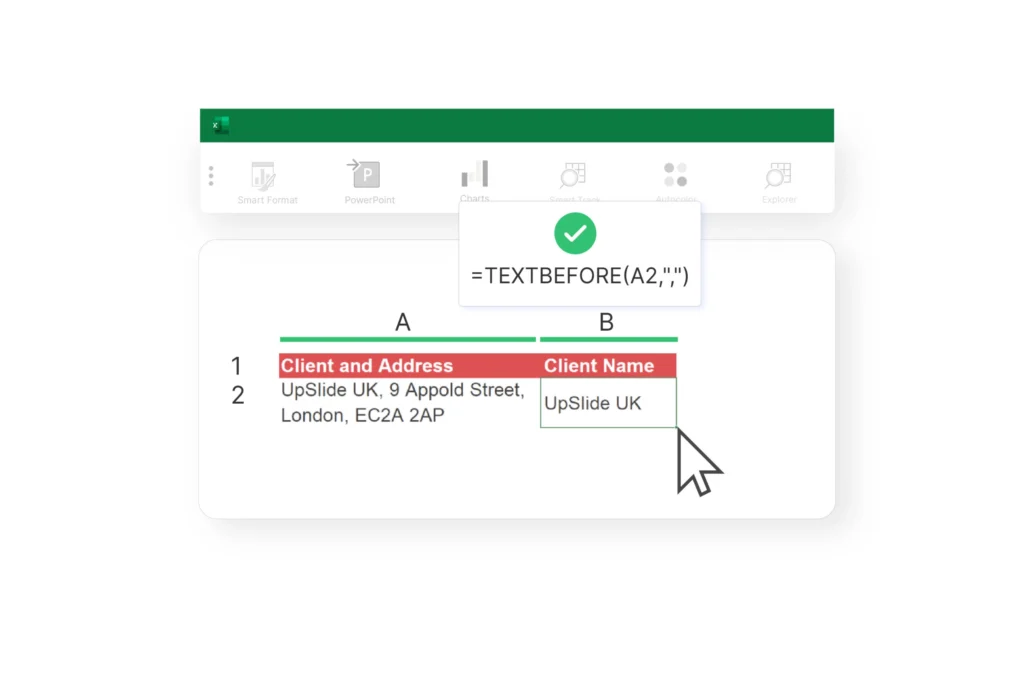 Excel workbook showing TEXTBEFORE formula