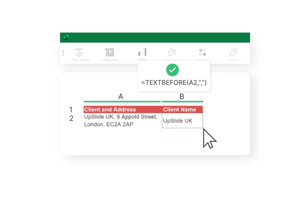 Excel classeur affichant la formule TEXTBEFORE