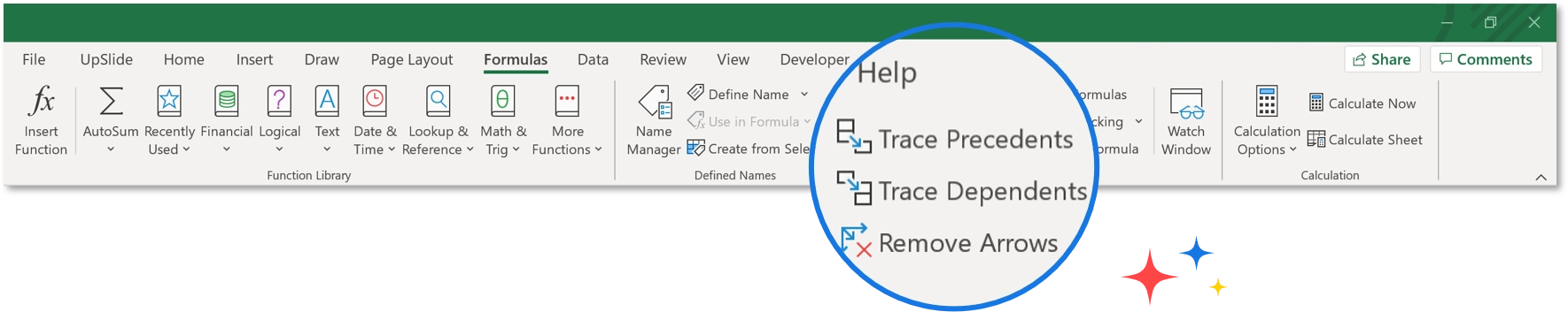 A picture showing how to trace precedents in Excel