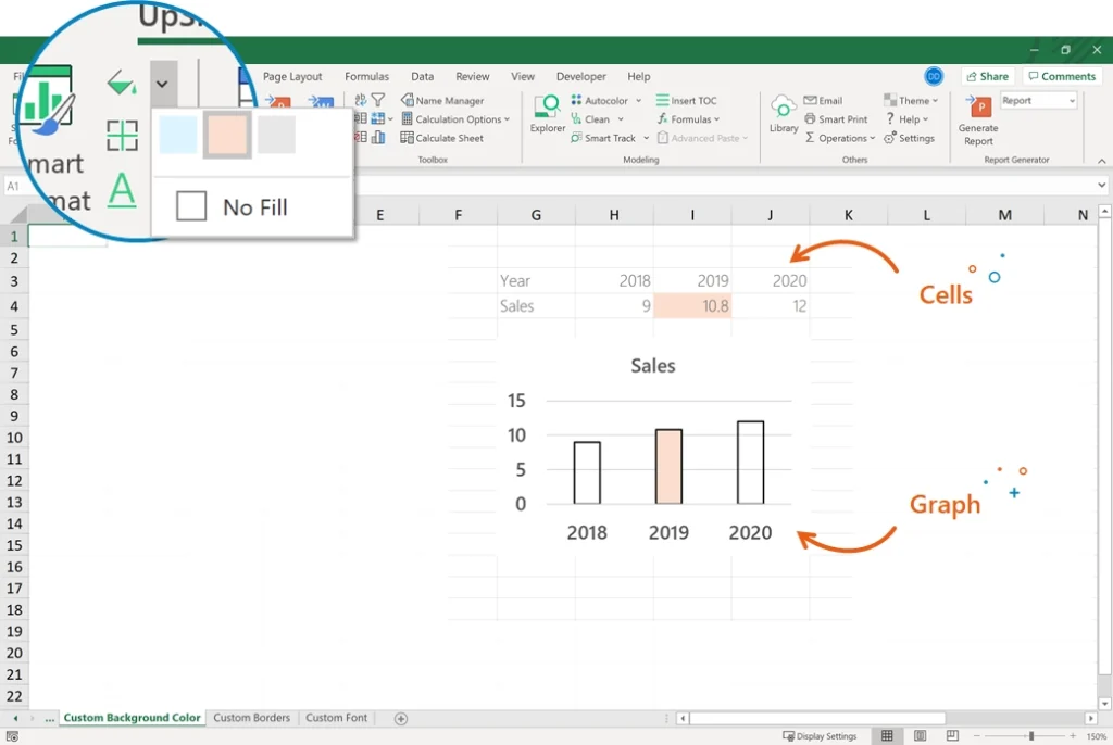 A picture showing UpSlide's cell and chart formatting capabilities within Excel.