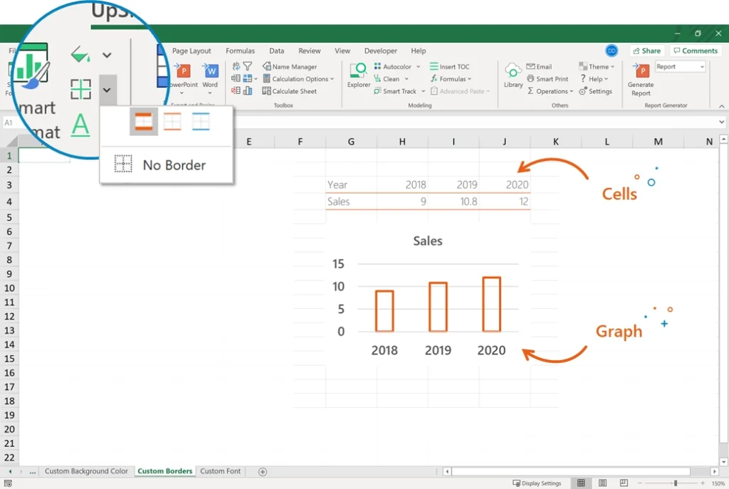 A picture showing UpSlide's custom border formatting feature in Excel.