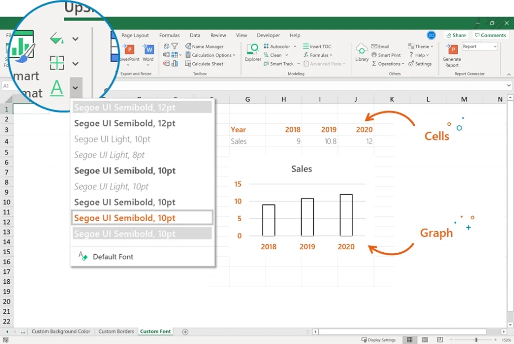 A picture showing UpSlide's custom font formatting feature in Excel