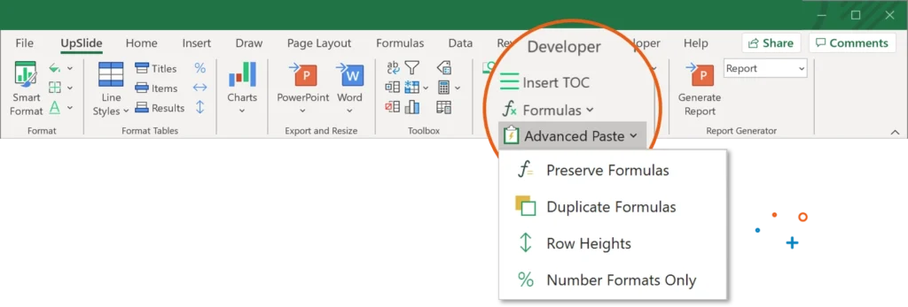 A focus on UpSlide's 'Advanced Paste' functionality within Excel.