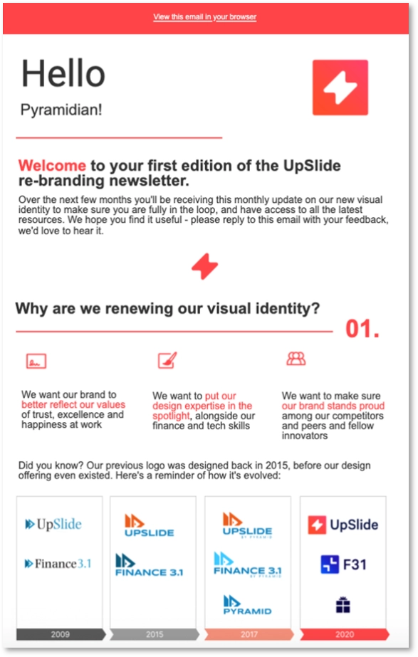 A copy of a newsletter sent to communicate internally to launch UpSlide's new visual identity