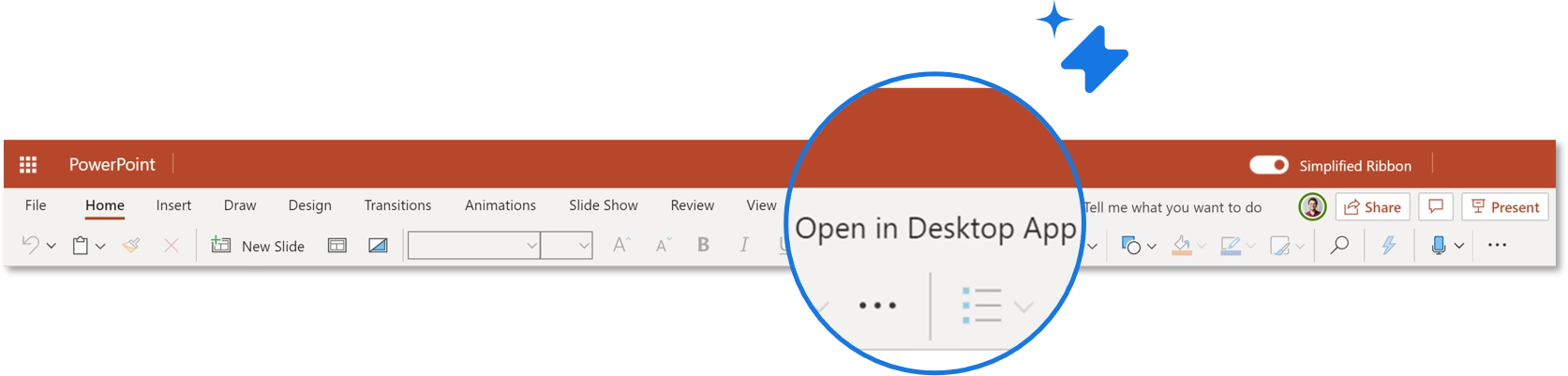 UpSlide ribbon in PowerPoint highlighting the Open in Desktop App button