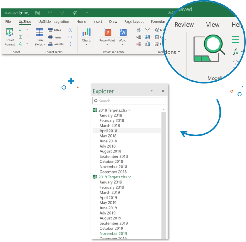 Picture showing UpSlide's Workbook Explorer functionality within Excel