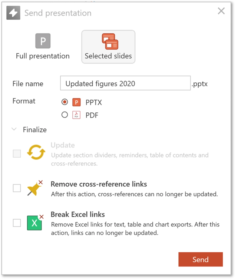 A picture displaying UpSlide 'send' pane within PowerPoint