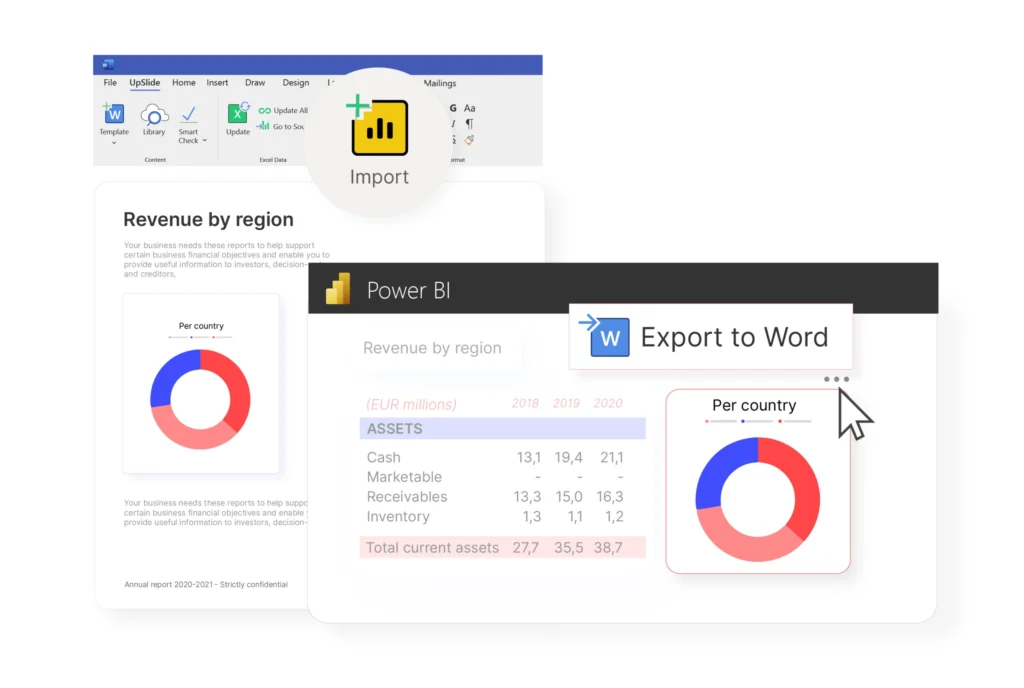 A picture showing what UpSlide's Power BI to Word Link looks like, demonstrating how to Export visuals to Word
