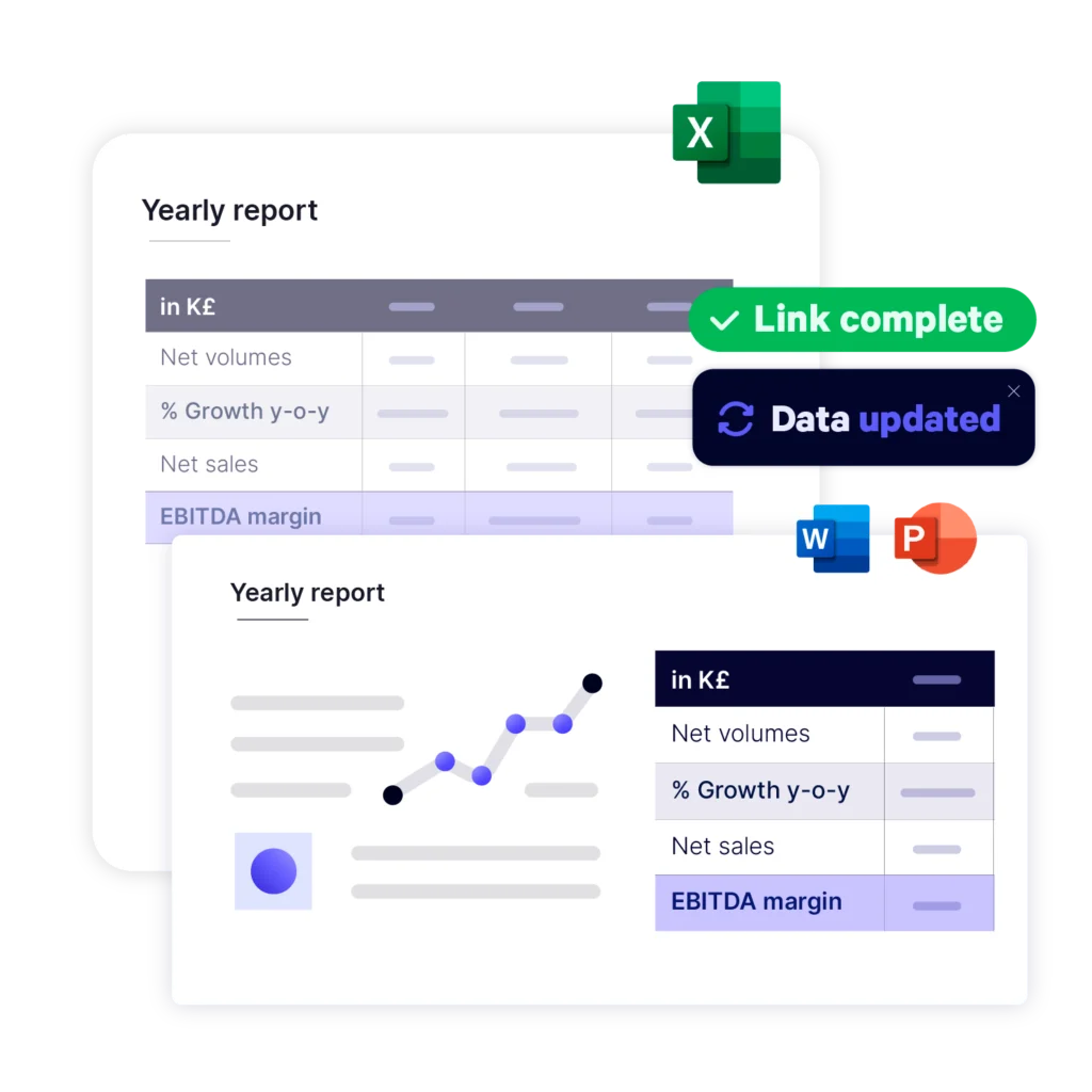 Two stylized interfaces overlapping showing an Excel spreadsheet and a PowerPoint presentation