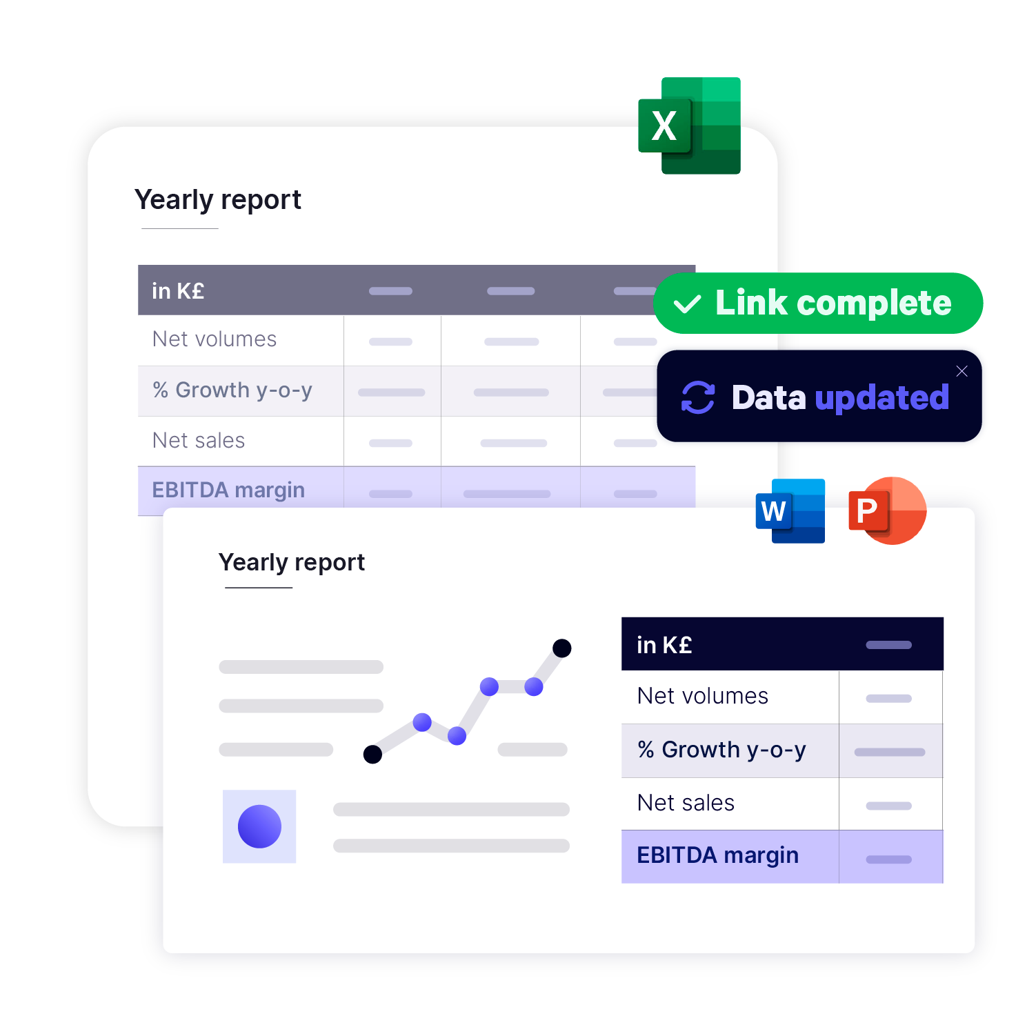 Two stylized interfaces overlapping showing an Excel spreadsheet and a PowerPoint presentation