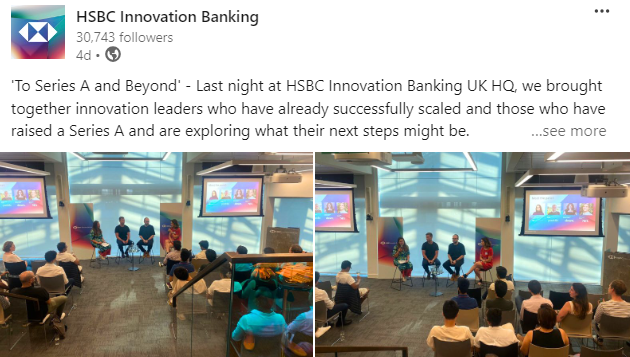 Un post LinkedIn de HSBC Innovation Banking à propos d'un événement qui consolide leur position de leader d'opinion.