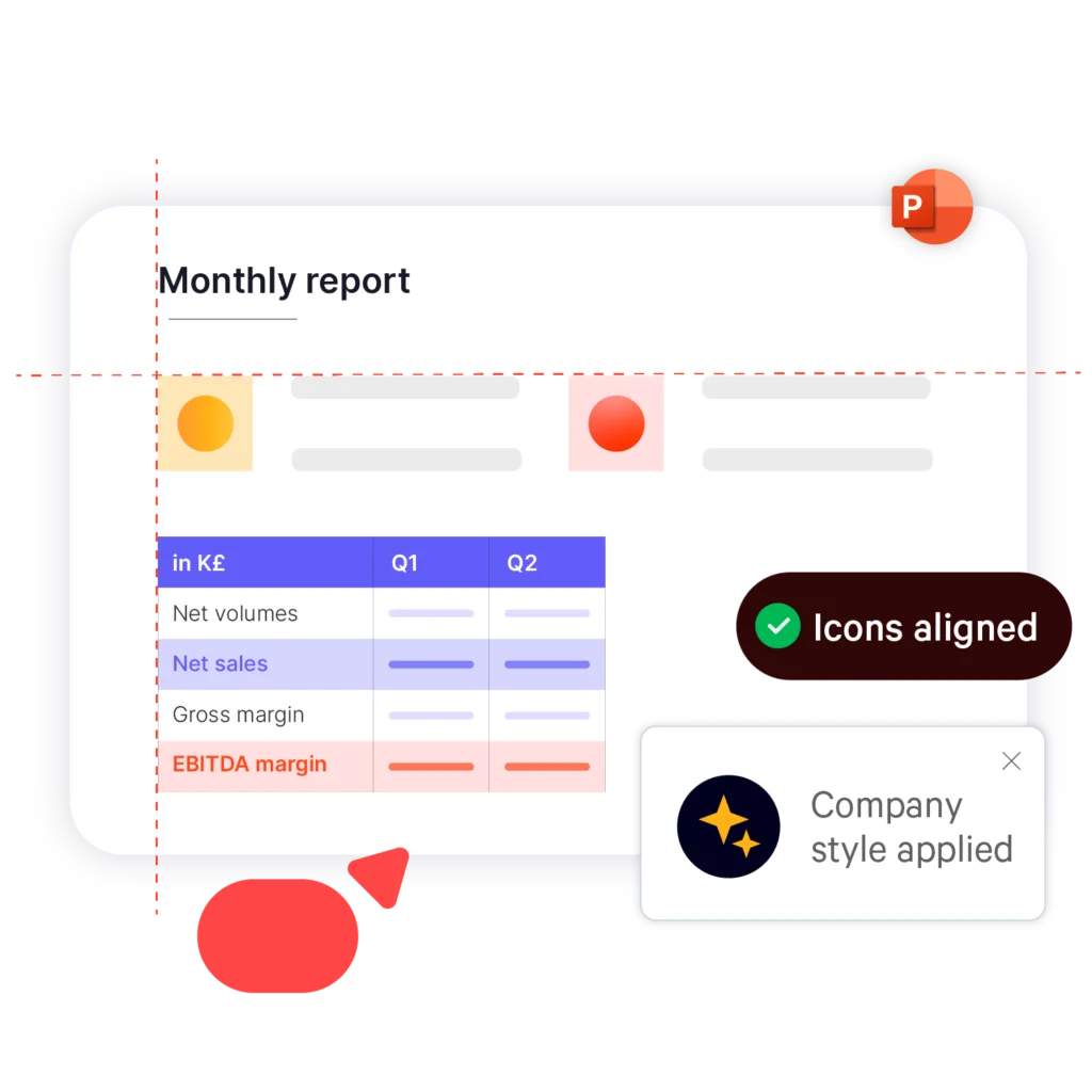 Stylized visual showing a powerpoint slide with alignment lines and a table on it