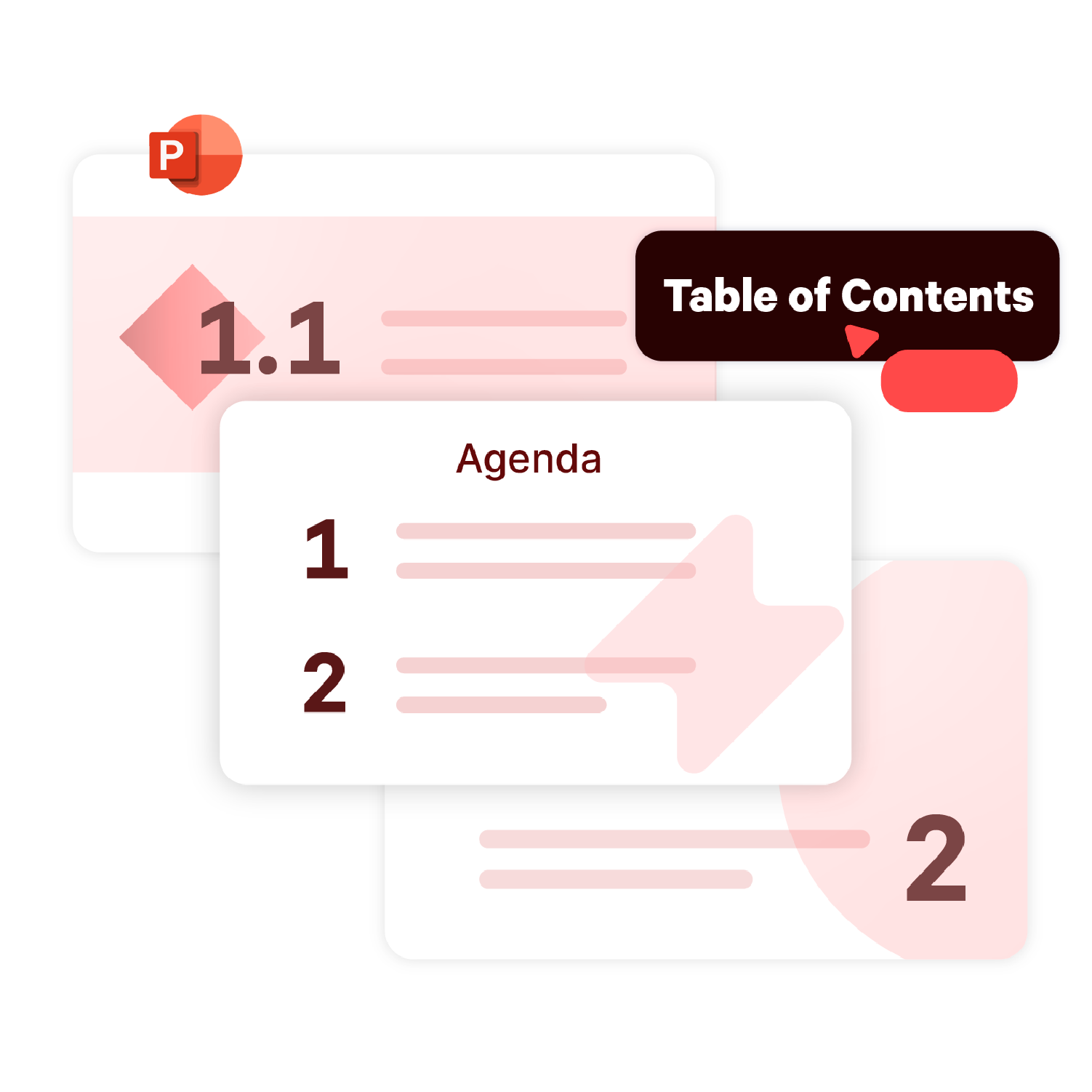 Stylized visual showing a table of contents and agenda in PowerPoint. Features three windows each with different numbers (1.1., 1-2, 2) on it.