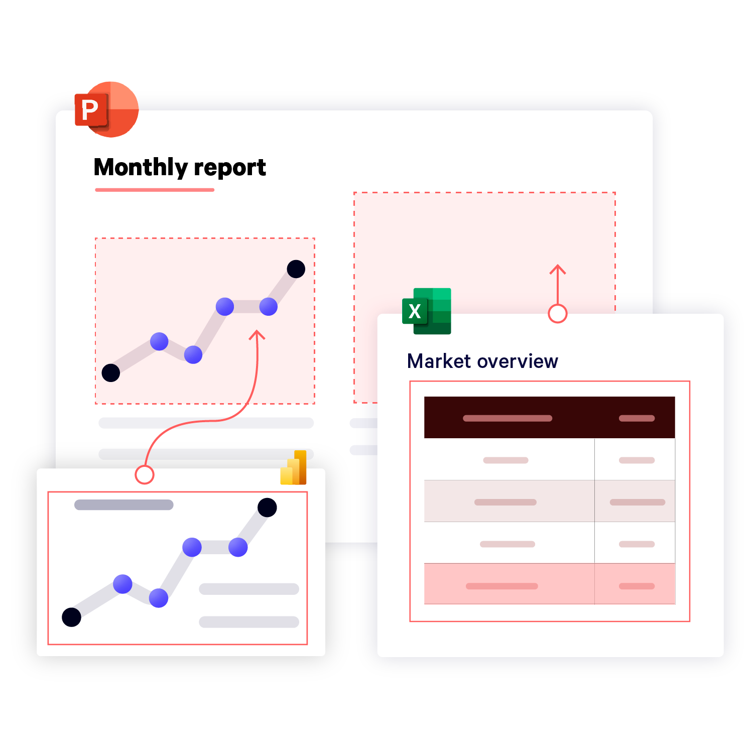 Stylized visual of a powerpoint slide connected to a power bi report and an excel spreadsheet