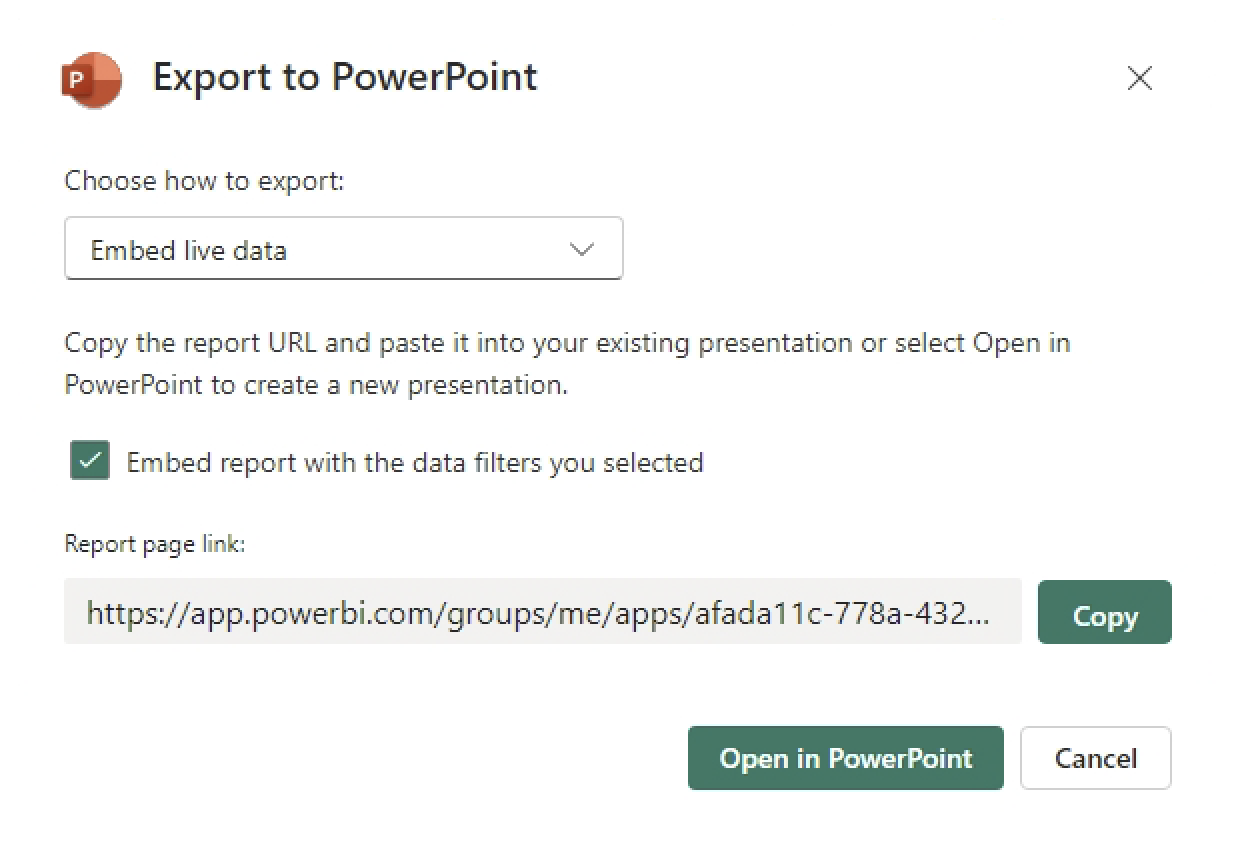 Export Power BI to PowerPoint. Embed live data from Power BI in PowerPoint.