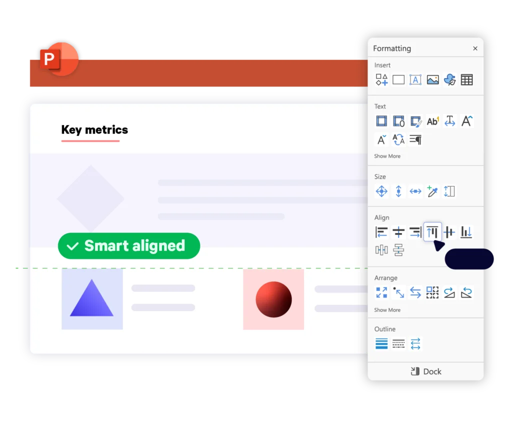 Alignez automatiquement les éléments de la diapositive avec UpSlide&#039;s Formatting Toolbar in PowerPoint