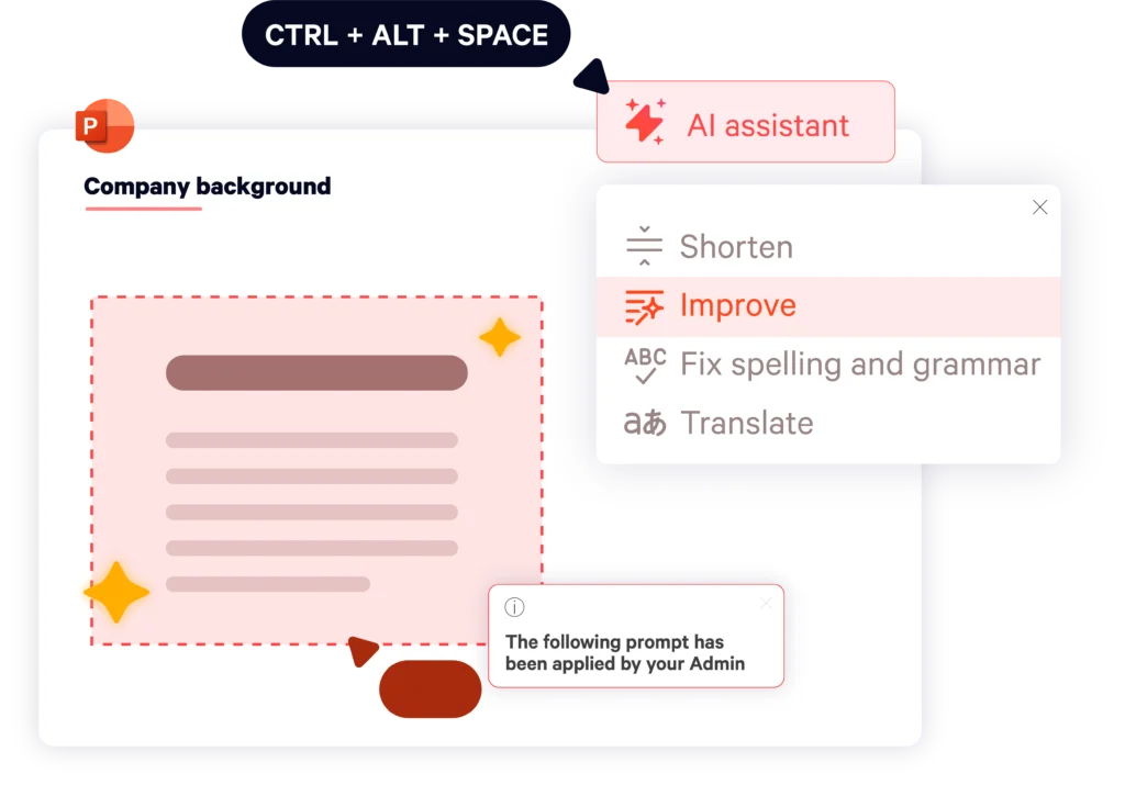 Une vue de l'assistant AI de UpSlide sur PowerPoint montrant l'option d'activation avec CTRL + ALT + SPACE