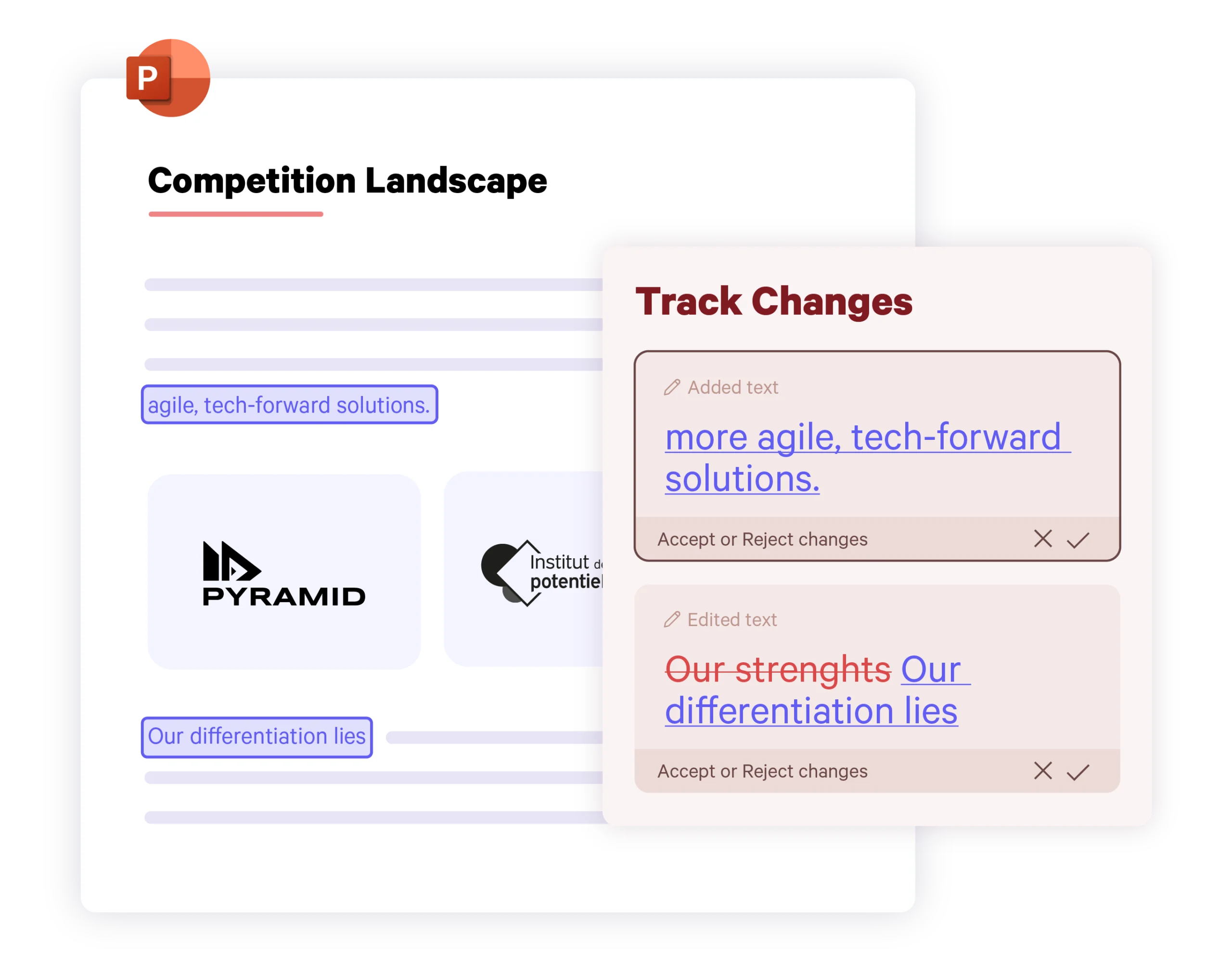 A competition landscape slide with a track changes pane showing two edits