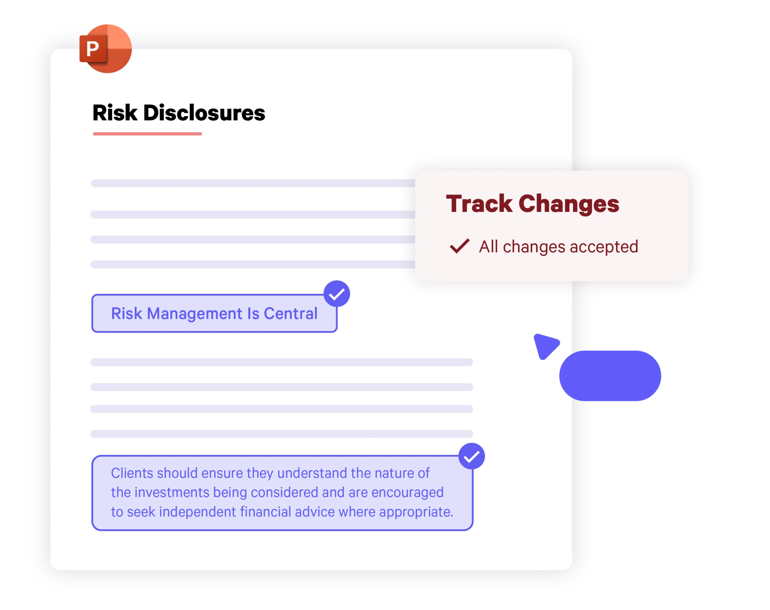 Risk disclosure slide with a track changes pane saying all changes accepted